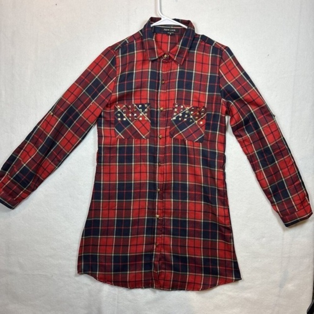 New Look Plaid Shirt Dress Womens Medium Red Studded Pocket‎ Excellent Longline